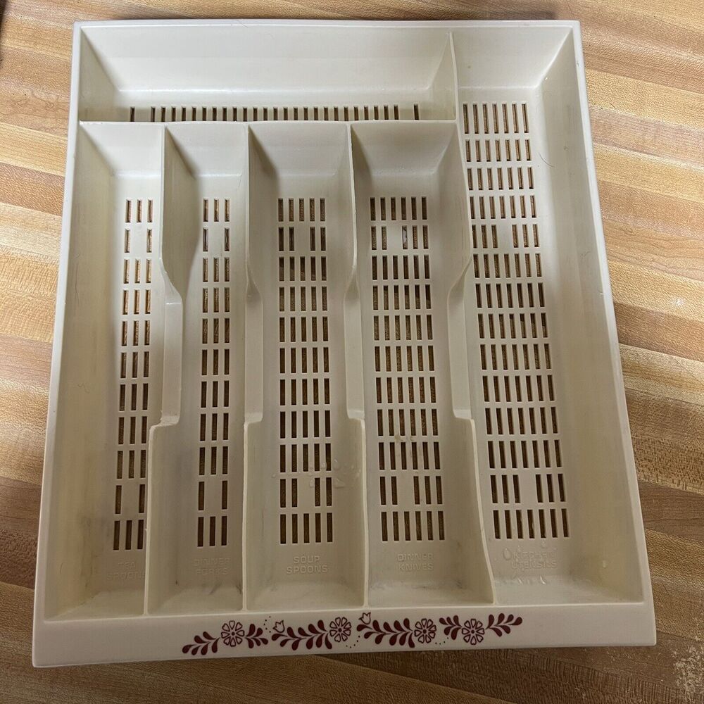 Vintage Silverware Flatware Organizer Tray Beige Maroon Floral Labeled 6 Section